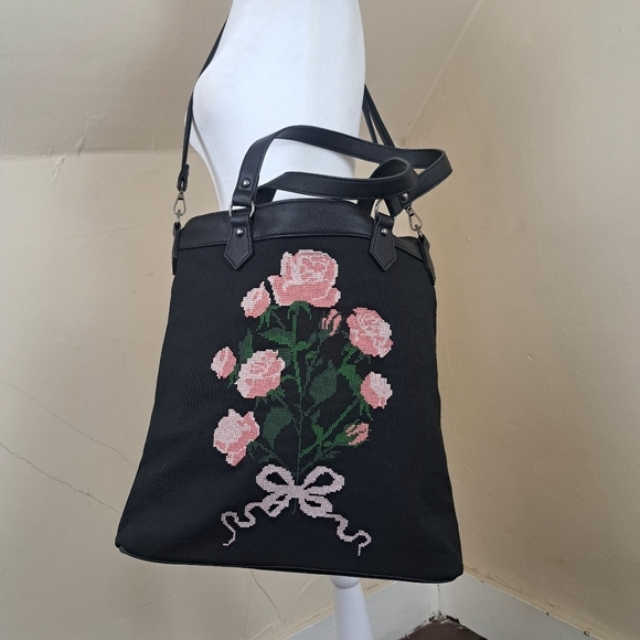Dolls Kill Widow Shadow Bloom Floral Embroidered Cross-Stitch Black Tote Bag - Picture 3 of 12